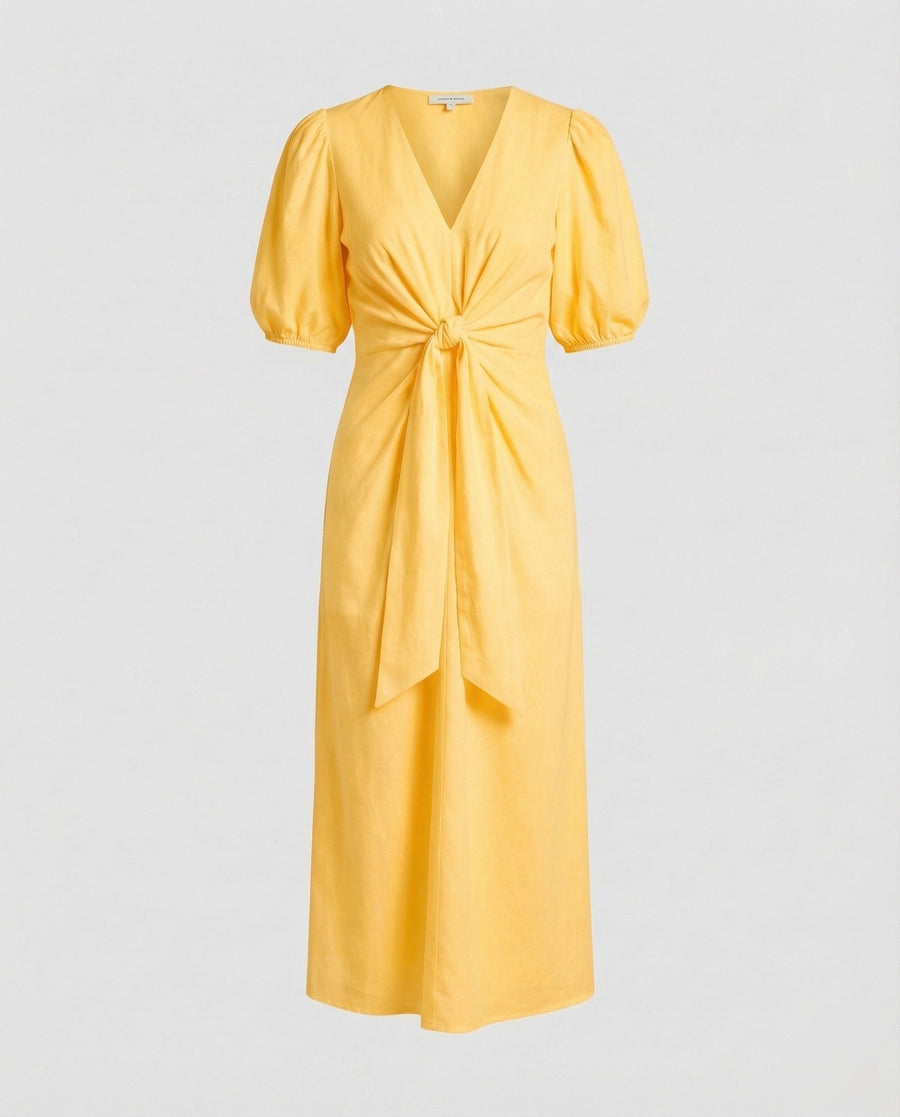Celeste Linen Blend Midi Dress with Belted in Yellow