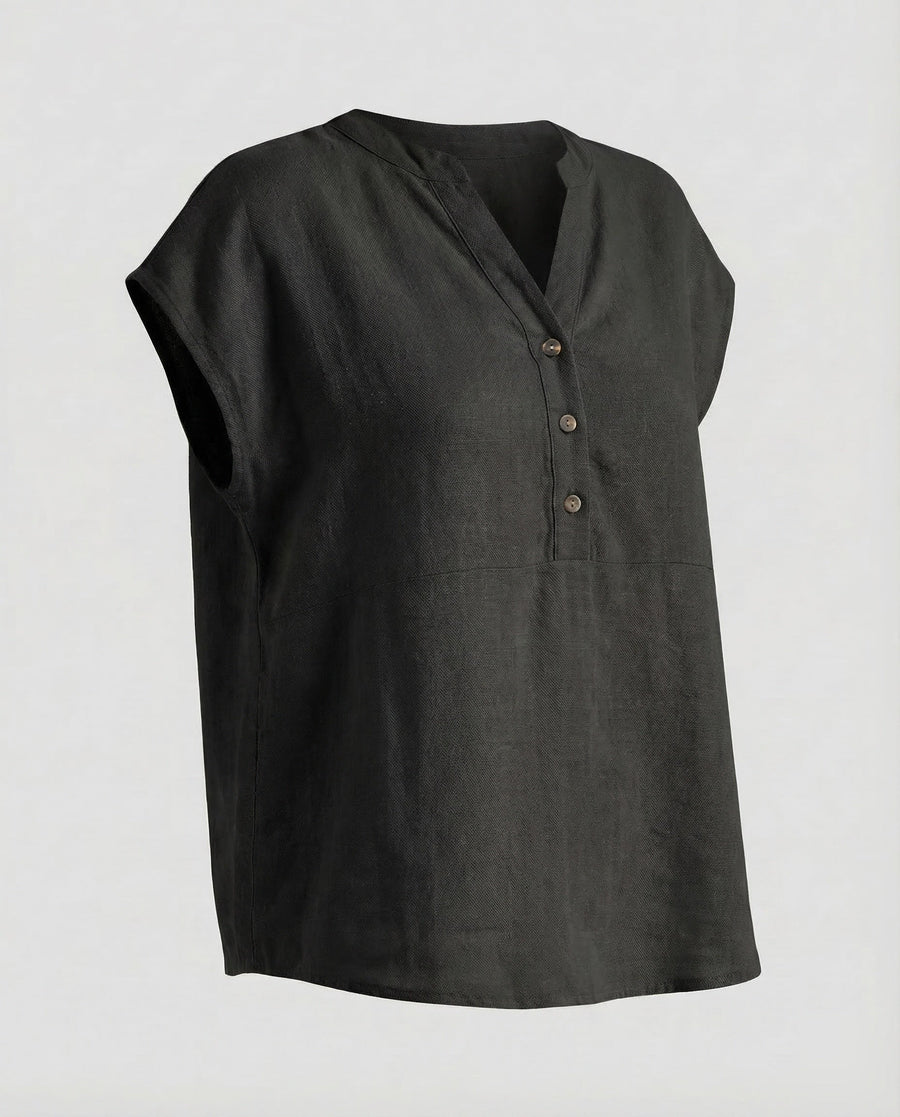 Celeste Linen Tunic with Stand Collar in Black
