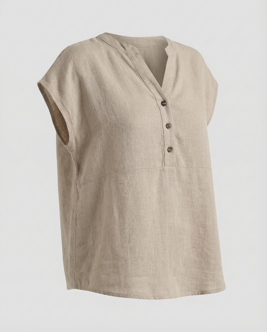 Celeste Linen Tunic with Stand Collar in Khaki