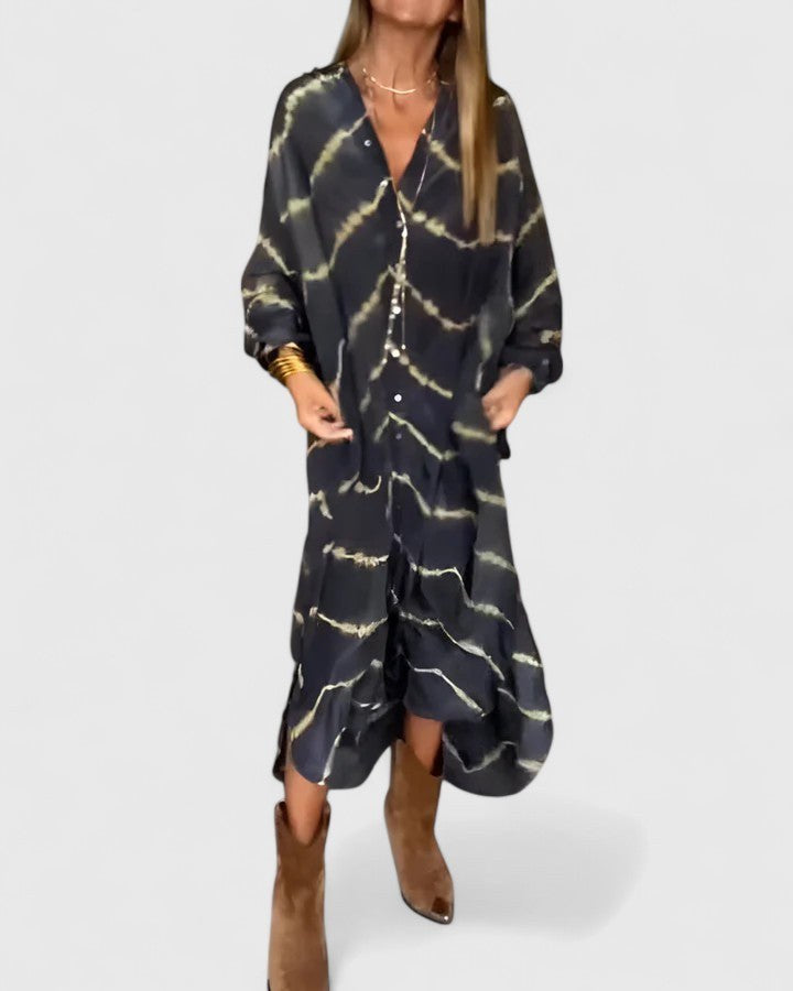 Celeste Women's Boho Maxi Dress Long Sleeve Deep V-Neck Stripe Print in Black