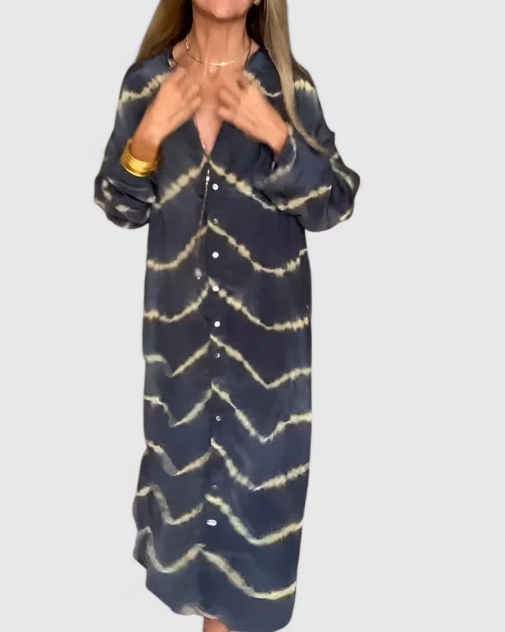 Celeste Women's Boho Maxi Dress Long Sleeve Deep V-Neck Stripe Print in Black