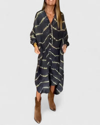 Celeste Women's Boho Maxi Dress Long Sleeve Deep V-Neck Stripe Print in Black