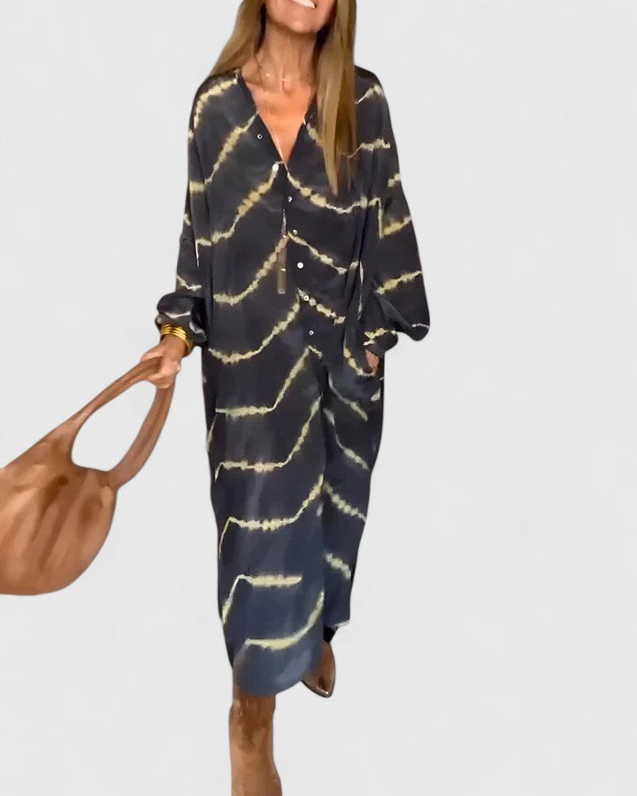 Celeste Women's Boho Maxi Dress Long Sleeve Deep V-Neck Stripe Print