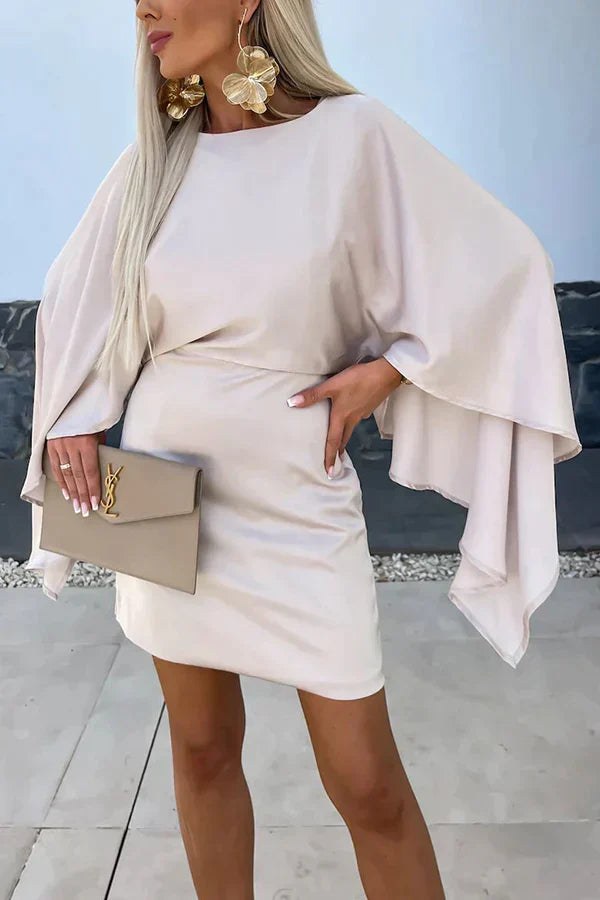 Celeste Women's Cape Sleeve Mini Dress with Fitted Skirt in Champagne