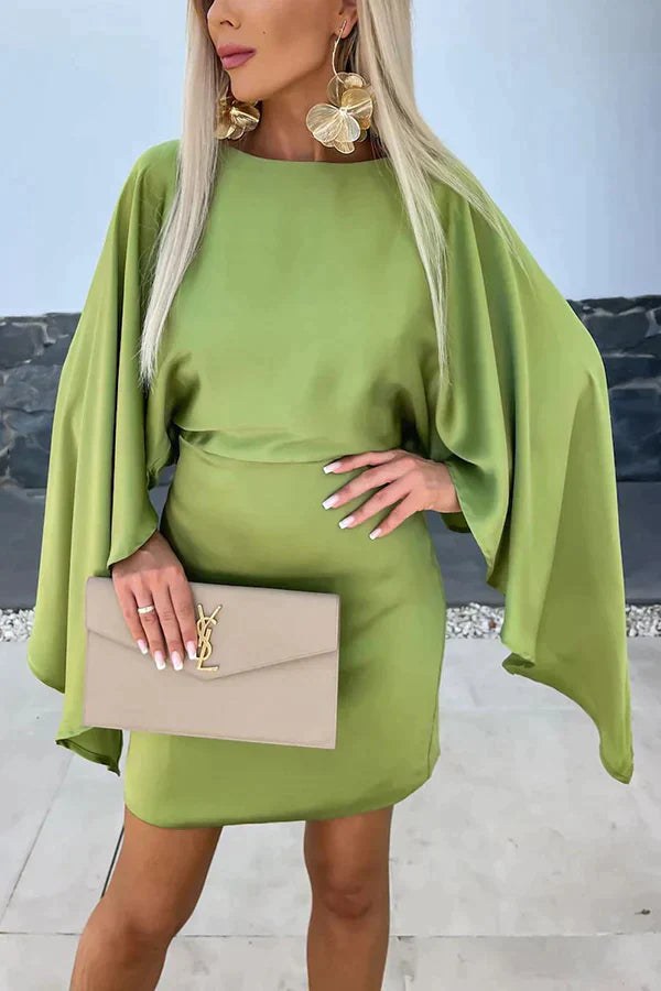 Celeste Women's Cape Sleeve Mini Dress with Fitted Skirt in Green