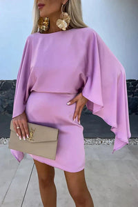 Celeste Women's Cape Sleeve Mini Dress with Fitted Skirt in Purple
