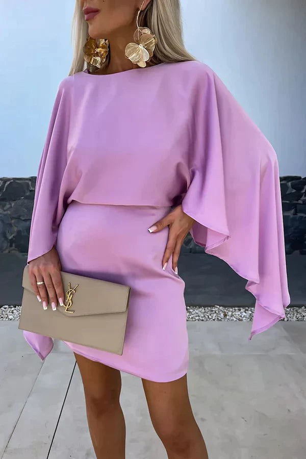 Celeste Women's Cape Sleeve Mini Dress with Fitted Skirt in Purple