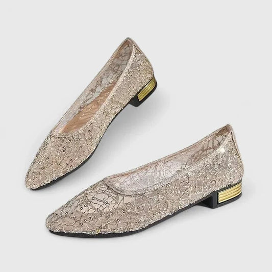 Celeste Women's Lace Pointed Toe Flats Gold Heel Detail