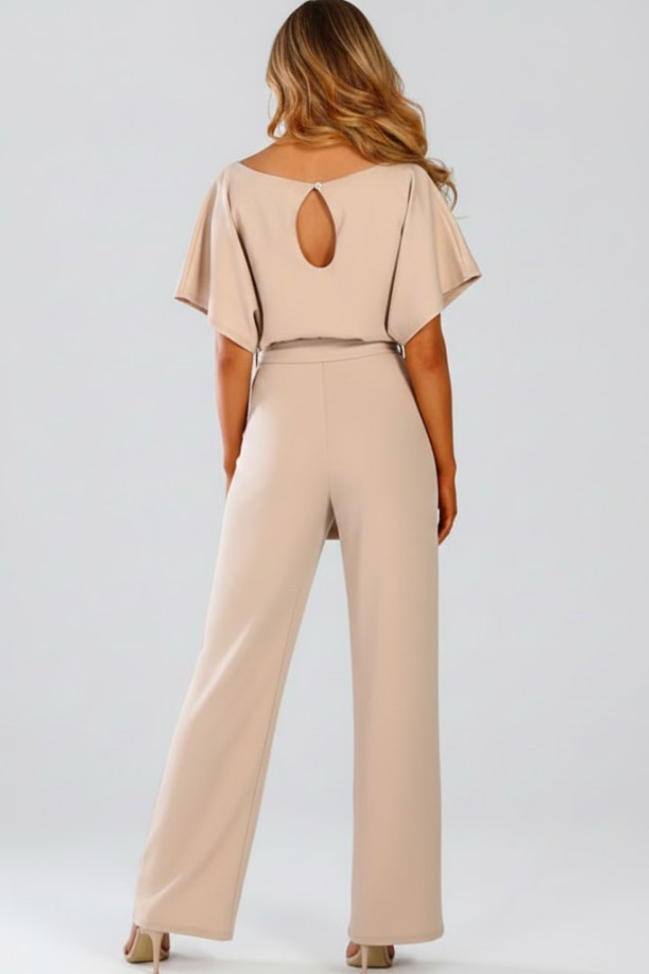 Celina Women's Wide Leg Belted Jumpsuit in Beige