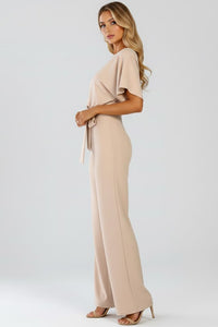 Celina Women's Wide Leg Belted Jumpsuit in Beige