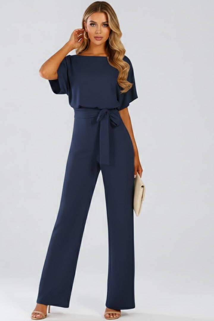 Celina Women's Wide Leg Belted Jumpsuit in Navy Blue