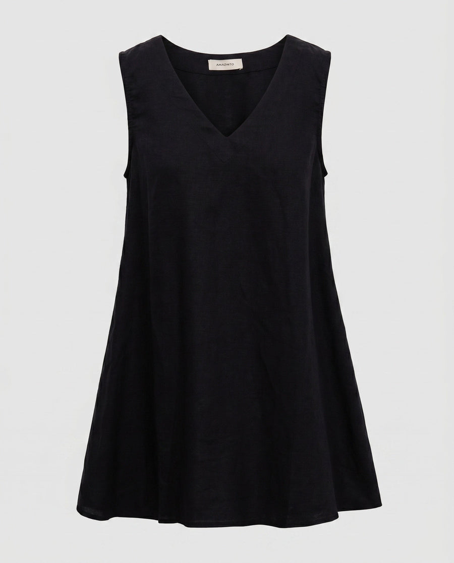 Celine Airy Linen Tunic with V-Neck in Black