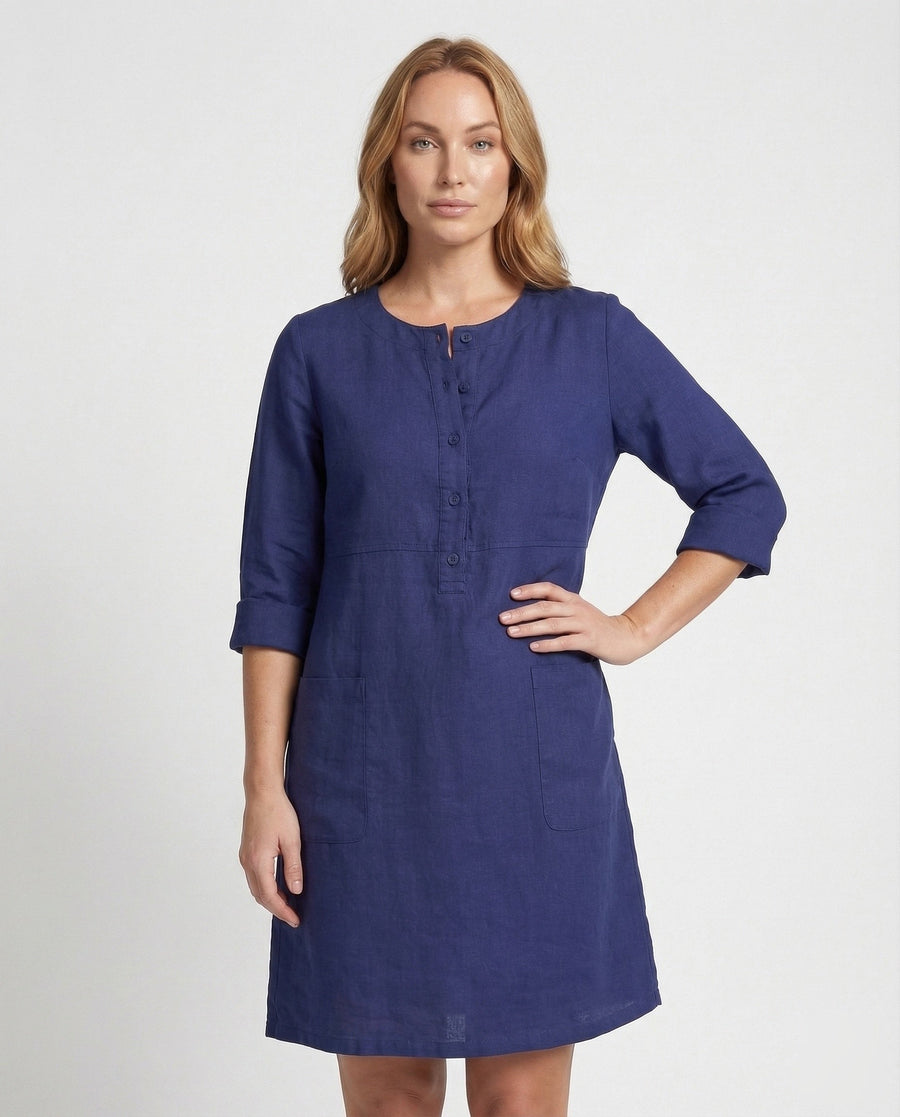 Celine Linen Dress with Crew Neck and Button Front