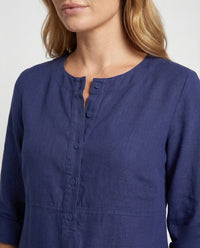 Celine Linen Dress with Crew Neck and Button Front