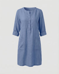 Celine Linen Dress with Crew Neck and Button Front in Blue