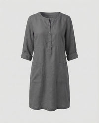 Celine Linen Dress with Crew Neck and Button Front in Grey
