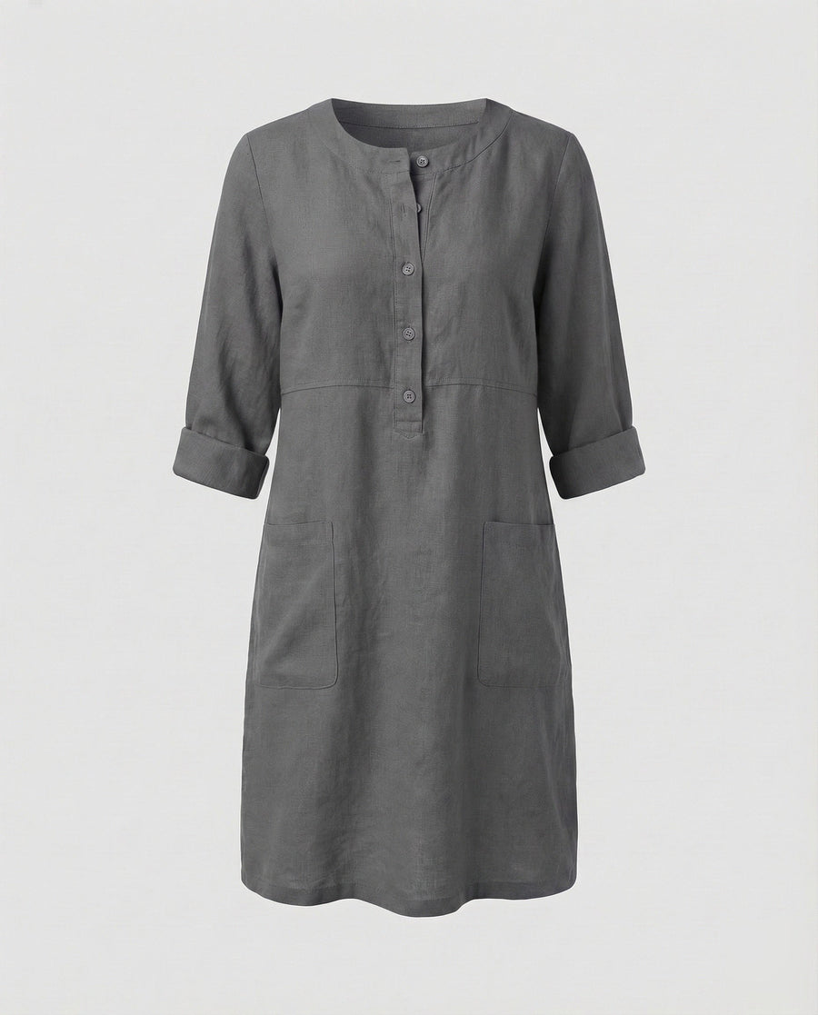 Celine Linen Dress with Crew Neck and Button Front in Grey