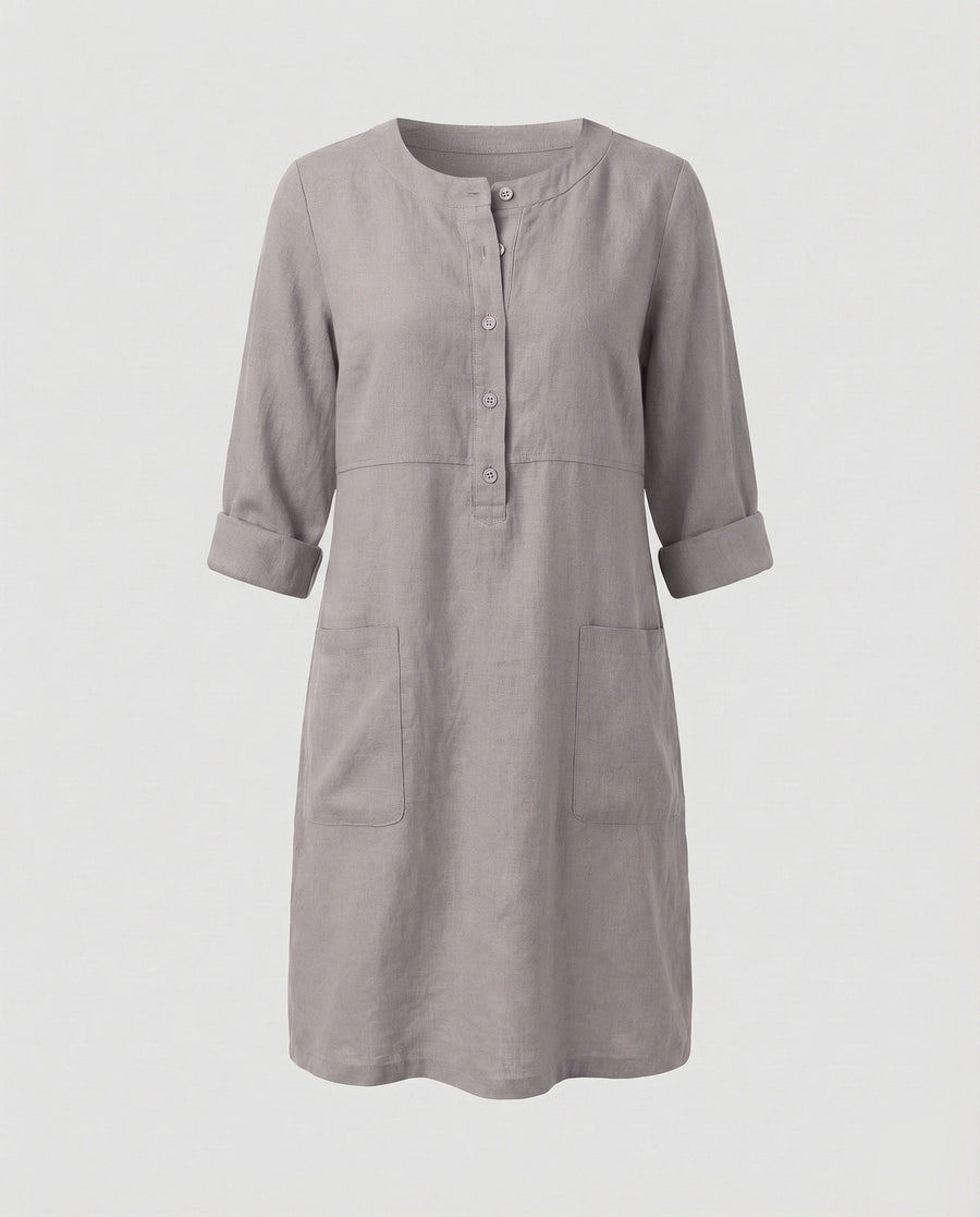 Celine Linen Dress with Crew Neck and Button Front in Light Grey
