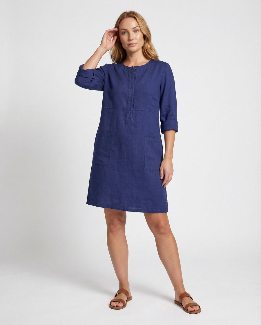 Celine Linen Dress with Crew Neck and Button Front