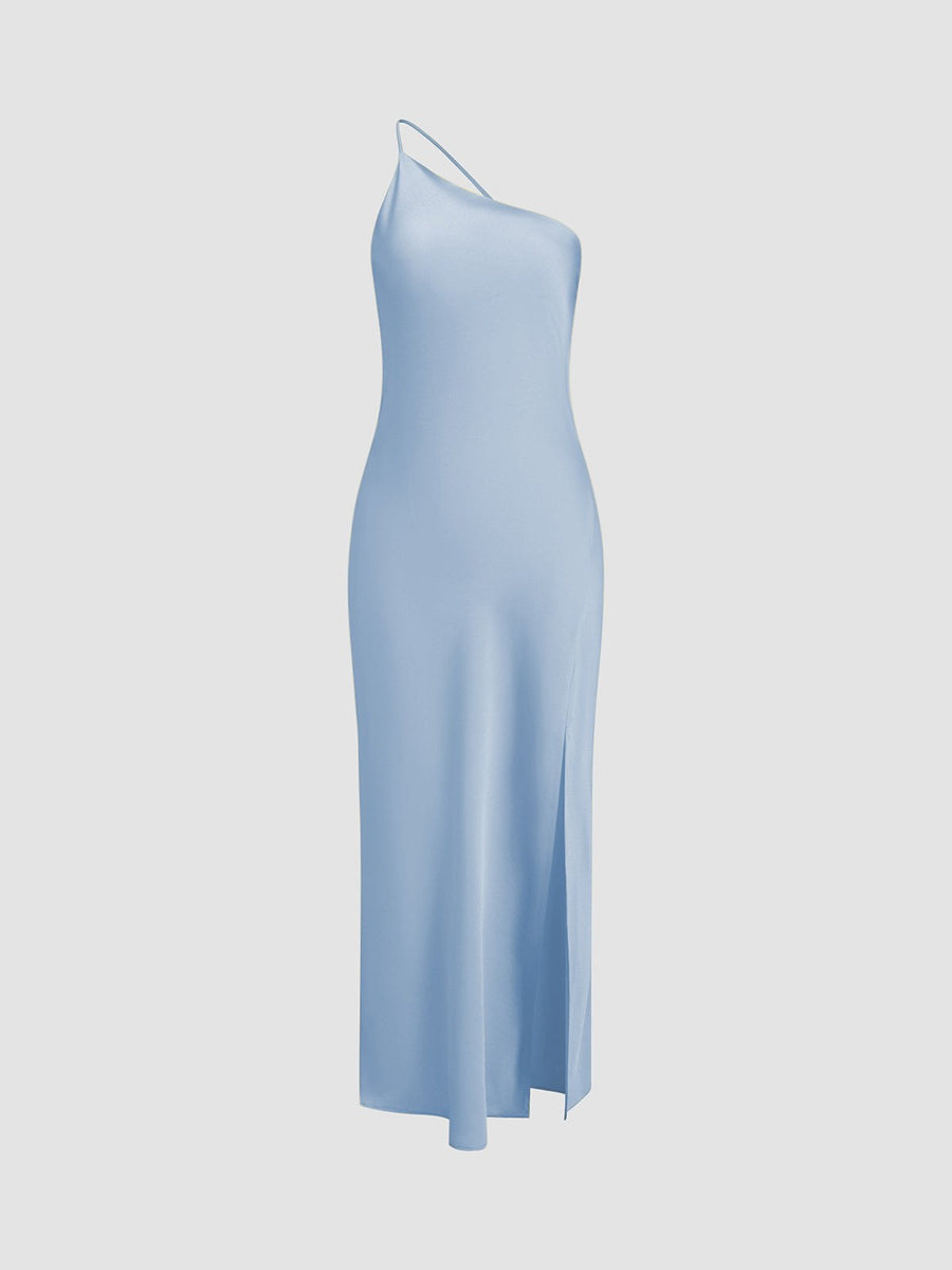 Celine Satin Dress with Side Split in Blue
