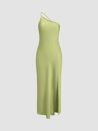Celine Satin Dress with Side Split in Green