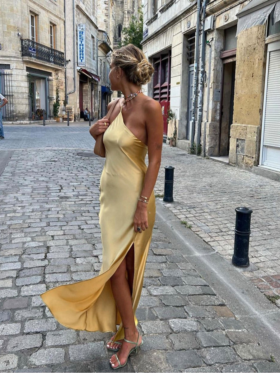Celine Satin Dress with Side Split in Yellow
