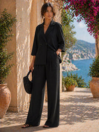Celvaine Women's Linen Two Piece Blazer & Wide-Leg Set in Black