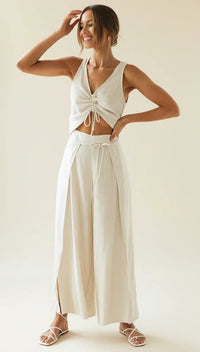 Celvaine Women's Linen Two-Piece Set Wide-Leg in Beige