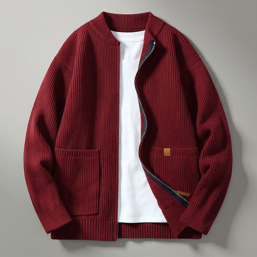 Charlie Ribbed Knit Cardigan in Crimson