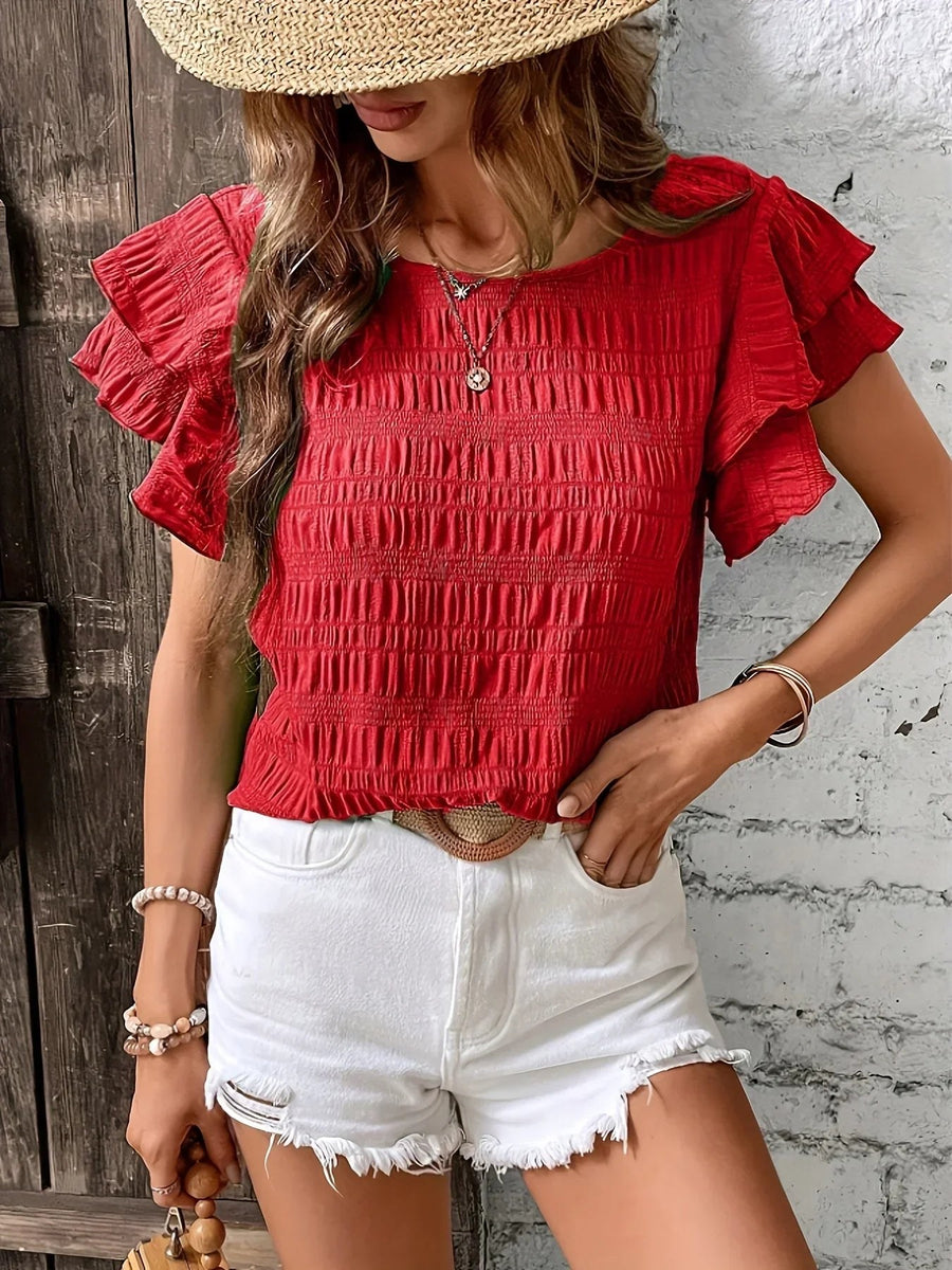 Charmaine™ Light & Breezy Blouse with Fun Ruffles in Navy Blue
