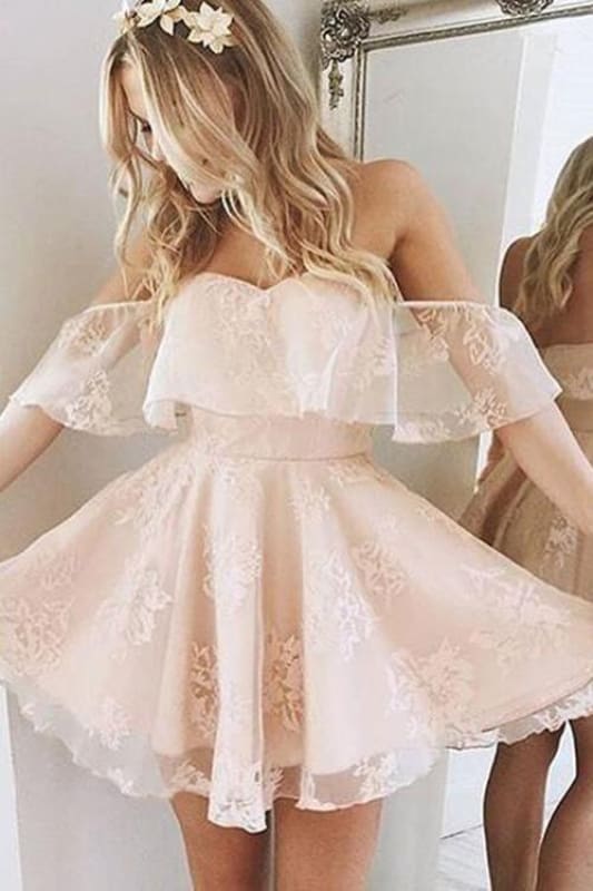 Pearl Pink Lace Sweet Homecoming Dress Short