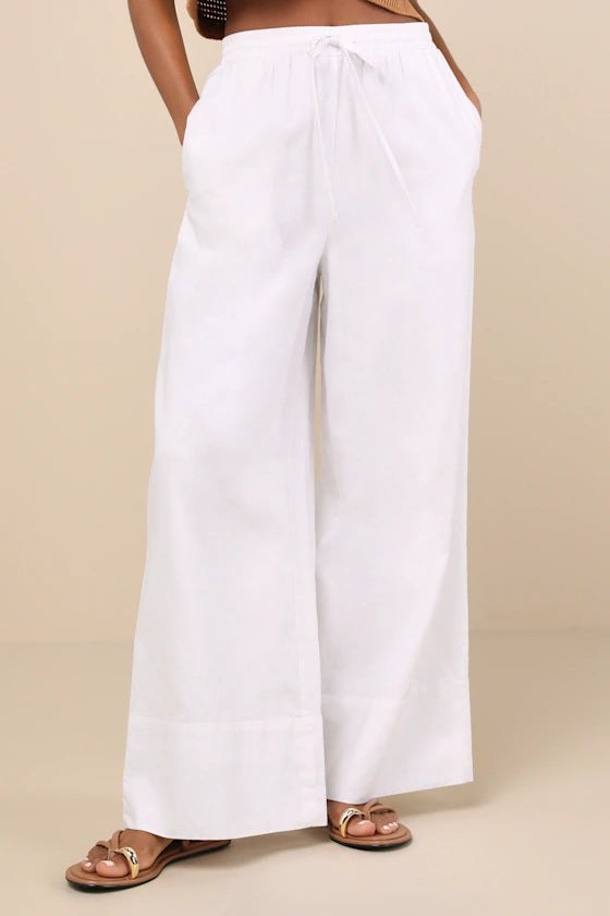 Chiara Linen Trousers with Elastic Waist and Pockets in White