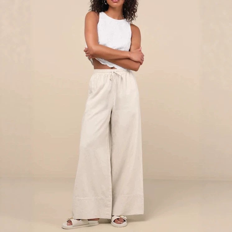 Chiara Linen Trousers with Elastic Waist and Pockets
