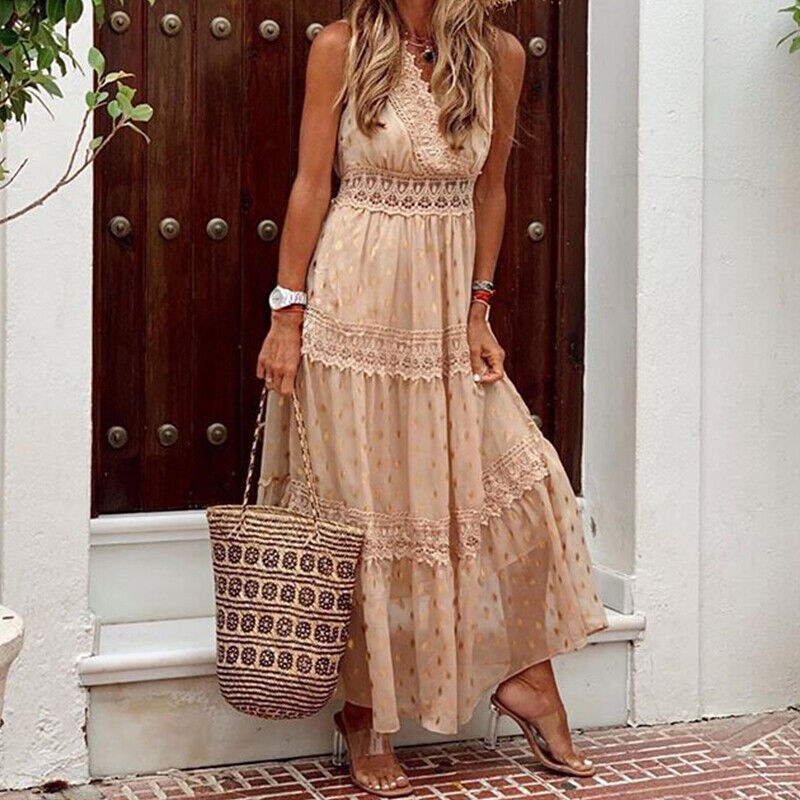 Clara Boho Lace Summer Dress in Khaki
