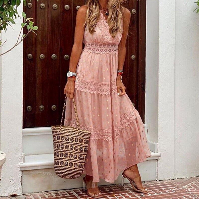 Clara Boho Lace Summer Dress in Pink