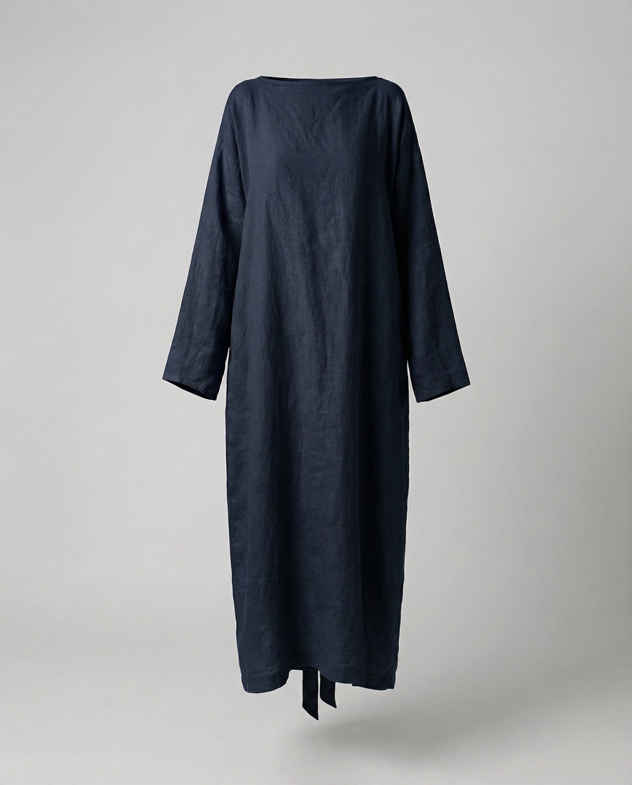 Clara Linen Dress with Oversized in Navy