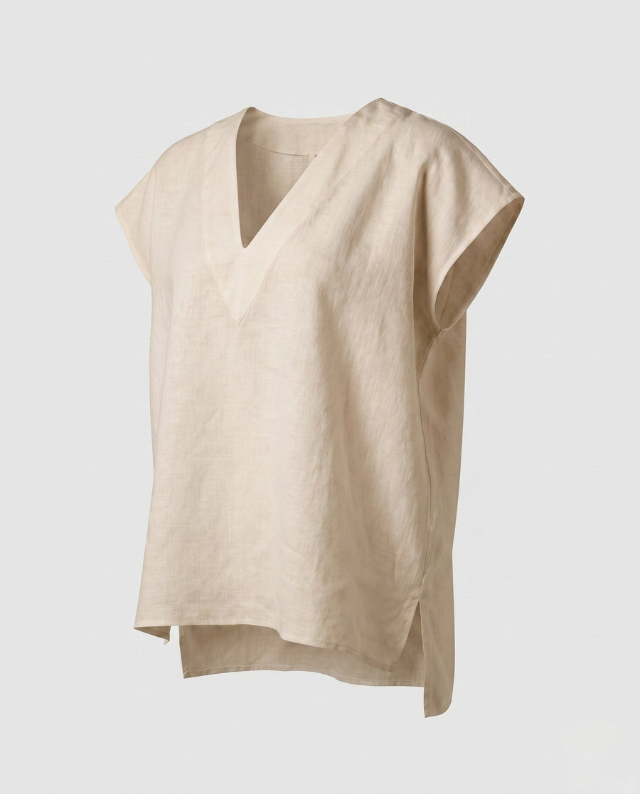Clementine Airy Linen Top with V-Neck in Linen