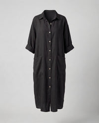 Clementine Linen Dress with Pockets in Black