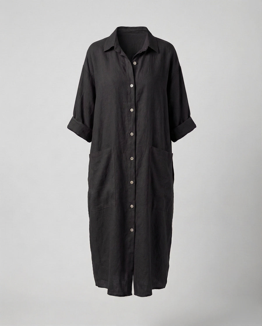 Clementine Linen Dress with Pockets in Black