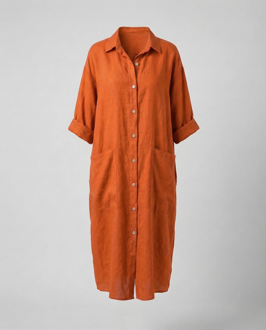 Clementine Linen Dress with Pockets in Orange