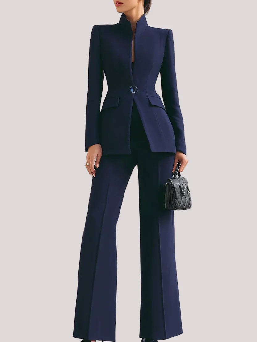 Clementine Women's Longline Blazer Flare Trousers Set in Blue