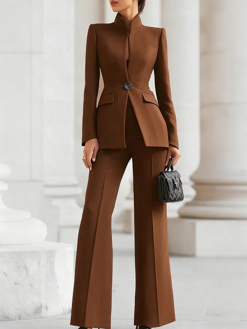 Clementine Women's Longline Blazer Flare Trousers Set in Brown
