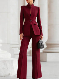 Clementine Women's Longline Blazer Flare Trousers Set in Red