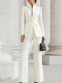 Clementine Women's Longline Blazer Flare Trousers Set in White