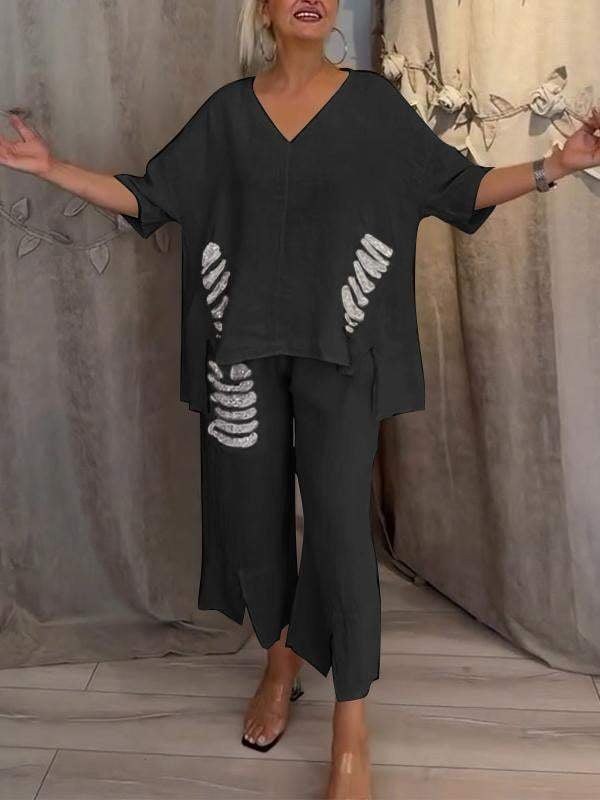 Cleo Women's Two-Piece Set Wide Leg Pants V-Neck Top in Black