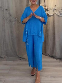 Cleo Women's Two-Piece Set Wide Leg Pants V-Neck Top in Blue