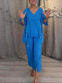 Cleo Women's Two-Piece Set Wide Leg Pants V-Neck Top in Blue
