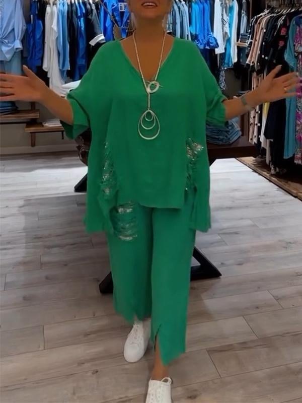 Cleo Women's Two-Piece Set Wide Leg Pants V-Neck Top in Green