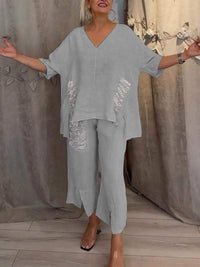 Cleo Women's Two-Piece Set Wide Leg Pants V-Neck Top in Grey