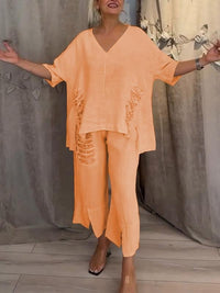 Cleo Women's Two-Piece Set Wide Leg Pants V-Neck Top in Peach